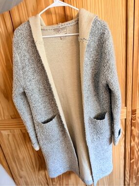 Hooded Bouclé Open-Front Sweater Coat in Light Gray and Cream